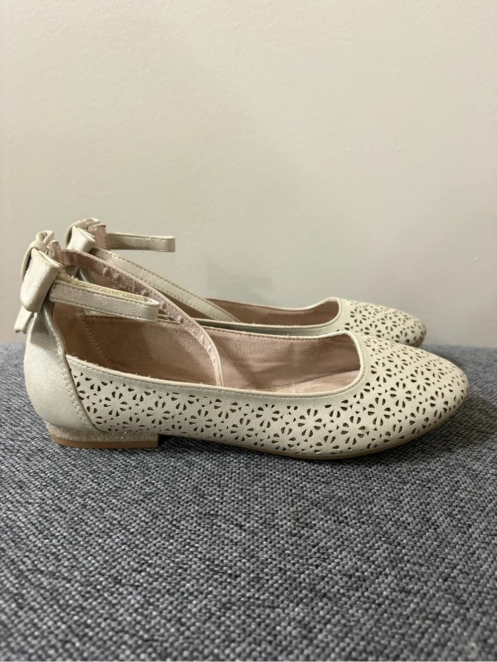 Self Esteem Cream Laser-Cut Ankle Strap Flats for Girls